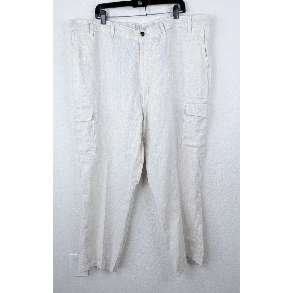 Caribbean 100% Linen Cargo Pants Men's 48x32 Beige Relaxed Fit Coastal Resort